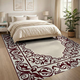 Beige and Neutral Ornate Maroon Floral Border Area Rug