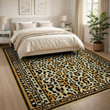 Leopard Print Beige Area Rug with Gold Fringe