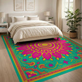 Vibrant Pink Lotus Mandala Teal Area Rug