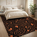 Vibrant Orange Floral Vines on Black Area Rug