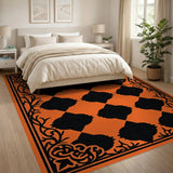 Vibrant Orange Black Geometric Lattice Area Rug