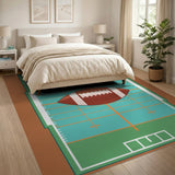 Teal Football Field Area Rug with Game Ball