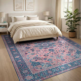 Blush Pink Persian Area Rug with Navy Blue Borders
