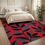 Bold Red Leaf Area Rug Black Grey Pattern