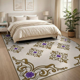Ornate Gold Frame Purple Flower Cream Area Rug