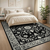 Elegant Black White Floral Medallion Rug