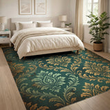 Vintage Teal Damask Rug with Gold Accents