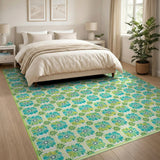 ODIKA Washable Teal and Lime Green Floral Medallion Low Pile Non-Slip Area Rug