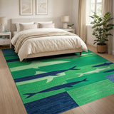 Geometric Shark Area Rug in Blue Teal