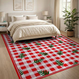 Red Gingham Check with Holly Leaves Area Rug