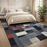 Geometric Grey Patchwork Area Rug with Red Pops