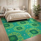 Modern Teal Circuit Board Geometric Rug