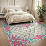 Pink Teal Floral Trellis Area Rug