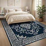 Ornate Navy Persian Area Rug with White Floral Motifs