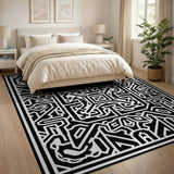 Intricate Black White Geometric Labyrinth Rug