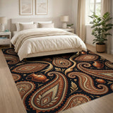 Ornate Gold Paisley Rug with Copper Vases on Black