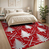 Festive White Christmas Trees on Red Geometric Rug