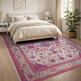 Vibrant Pink Border Persian Motif Area Rug
