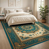 Blue and Teal Gold Medallion Persian Area Rug