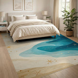 Washable Coastal Ocean Wave Area Rug - Blue Beach Starfish, Low Pile & Non-Slip