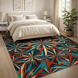 ODIKA Retro Geometric Washable Rug - Teal & Orange Mid-Century Starburst Low Pile Non-Slip Area Rug