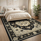 Elegant Black Ivory Traditional Persian Area Rug