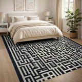 Black and White Maze Labyrinth Black White Geometric Area Rug