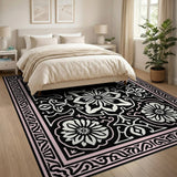 Black White Floral Persian Rug with Pink Border