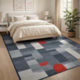 Navy Geometric Area Rug with Red Yellow Circles