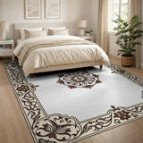 Beige and Neutral Ornate Floral Border Persian Area Rug