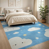 Whimsical Clouds Stars Blue Kids Area Rug