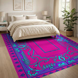Vibrant Pink Teal Ornate Border Area Rug