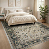 Ivory Persian Floral Area Rug with Navy Border