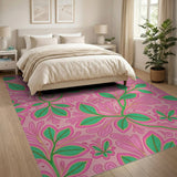 Vibrant Pink Green Leaf Swirl Area Rug