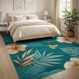Teal Hibiscus Monstera Leaf Area Rug