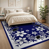 Whimsical Black Cat Floral Navy Area Rug