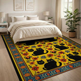 Washable Vintage Black Cat Floral Yellow Area Rug