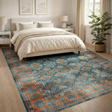 Distressed Vintage Blue Teal Medallion Rug