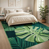 Green Coastal Beach Lush Monstera Leaves Green Area Rug