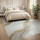 ODIKA Washable Abstract Marble Area Rug - Modern Gold and Cream Low Pile Non-Slip Floor Mat