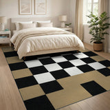 Tan Border Black White Patchwork Area Rug