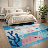 Kids Cartoon Blue and Teal Playful Whale Ocean Kids Area Rug
