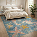 Whimsical Seahorse Starfish Blue Area Rug