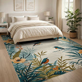 Teal Foliage Birds Orange Blooms Area Rug