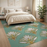 Teal Persian Palm Frond Area Rug with Gold Accents