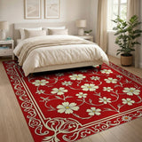Red Floral Vintage Area Rug with Cream Daisies