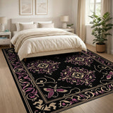 Ornate Black Rug with Pink Butterflies Gold Florals