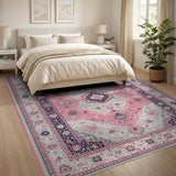 Blush Pink Traditional Persian Area Rug with Navy Borders