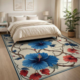 Blue Red Hibiscus Floral Area Rug