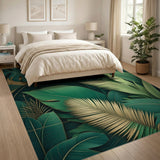 Emerald Green Monstera Palm Leaf Rug with Gold Geometry